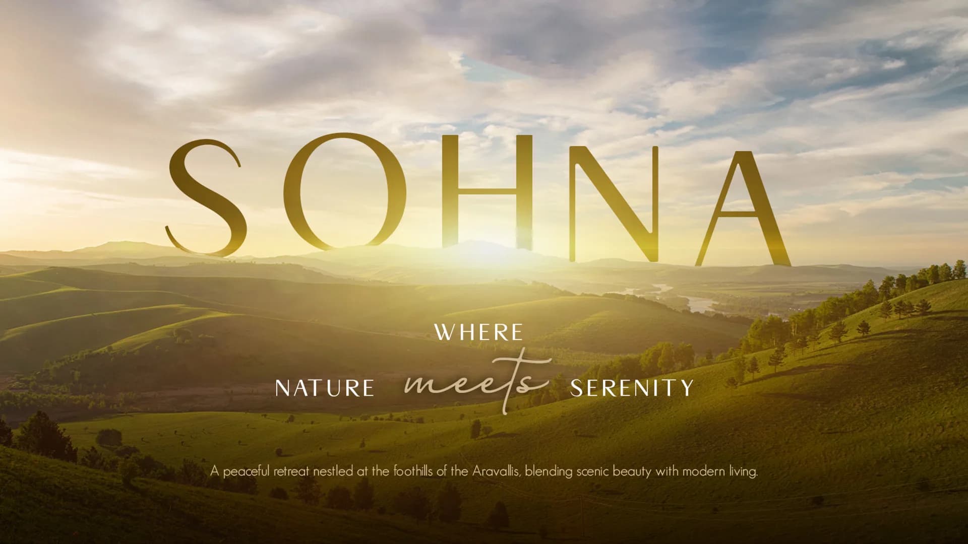 Brochure illustration of the Aravalli foothills around Sohna at sunrise; not a photograph of the project