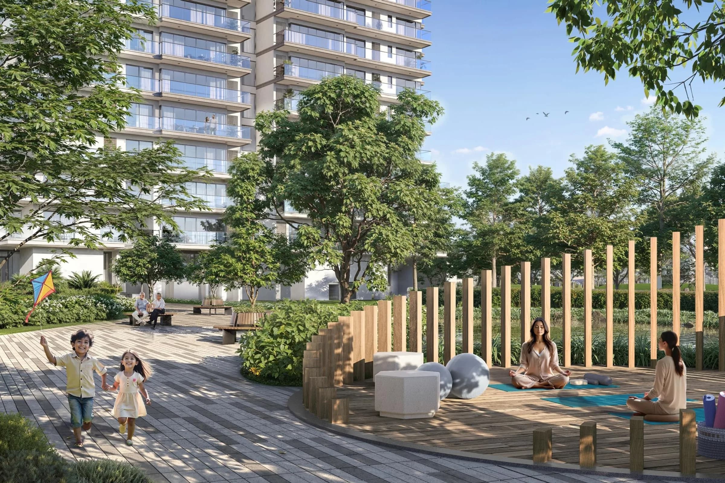 Artist's impression of a landscaped courtyard with a timber-screened yoga deck, children playing and a residential tower behind