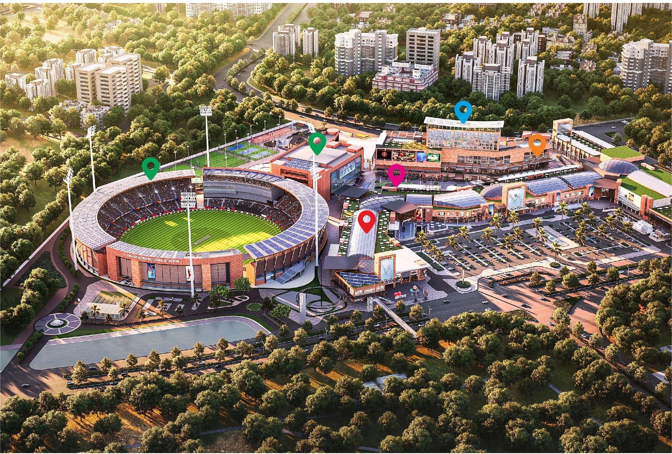 Aerial render of The Omaxe State, Dwarka: the Omaxe International Stadium on the left, the retail, food, club and hotel buildings with surface parking on the right, surrounded by trees and residential towers